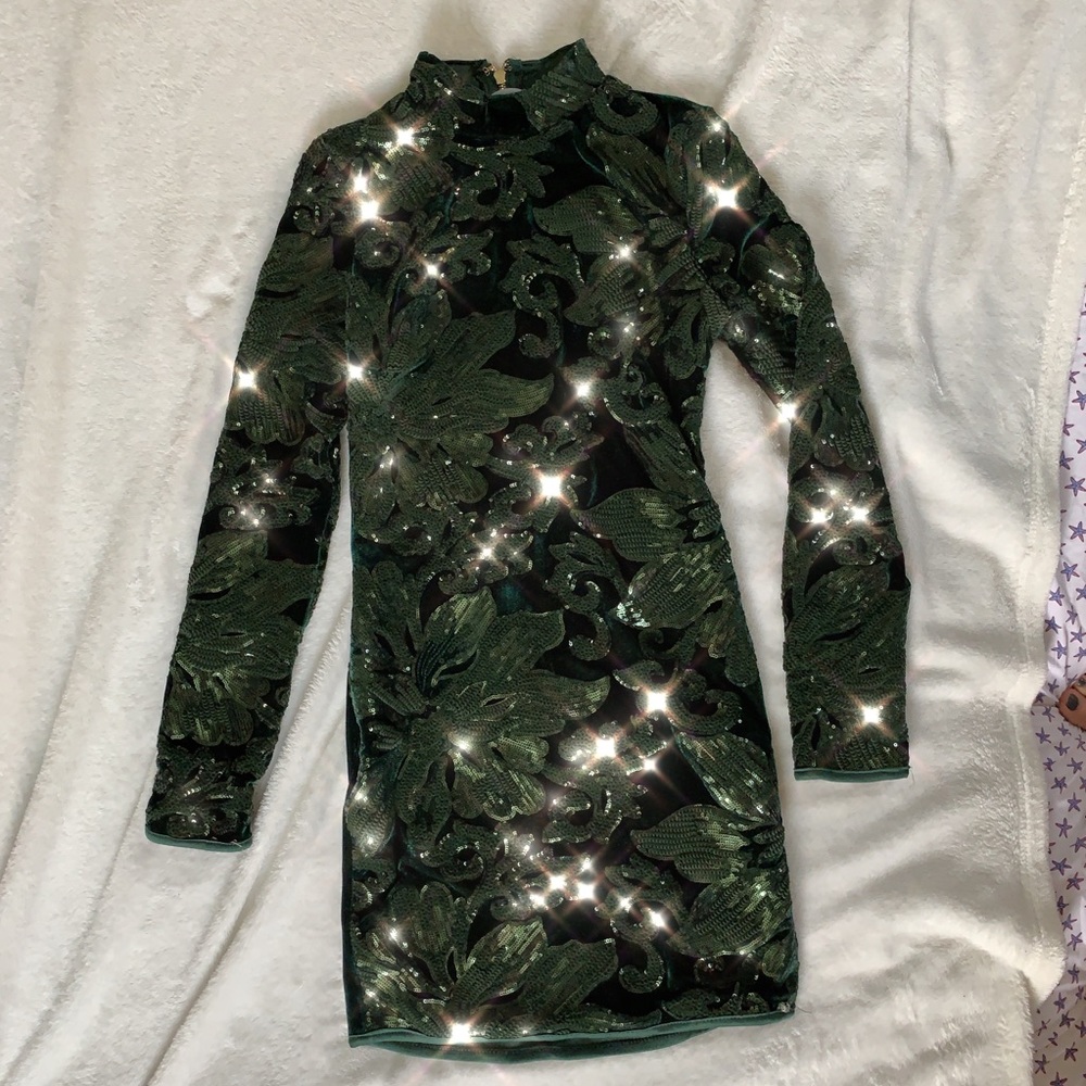 GREEN SEQUIN AND SATIN DRESS